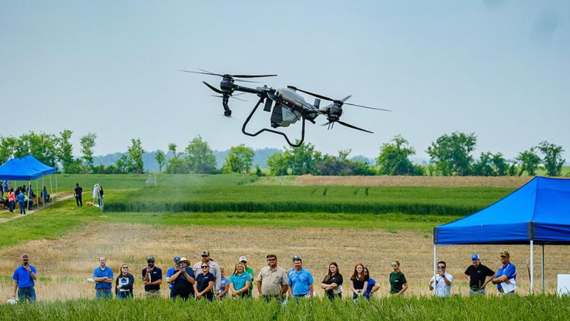 Drone spraying demonstration at UKREC Wheat Field Day in Princeton, KY